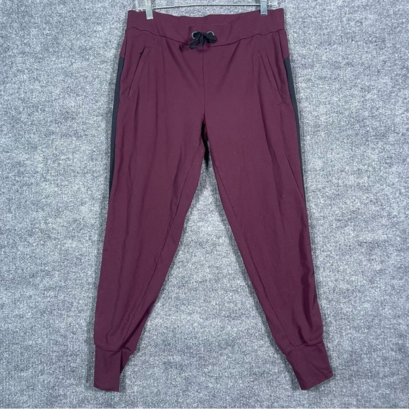 Athleta Pants - Athleta Womens Medium Burgundy Black Side Stripe Metro Track Jogger Pant Pull On